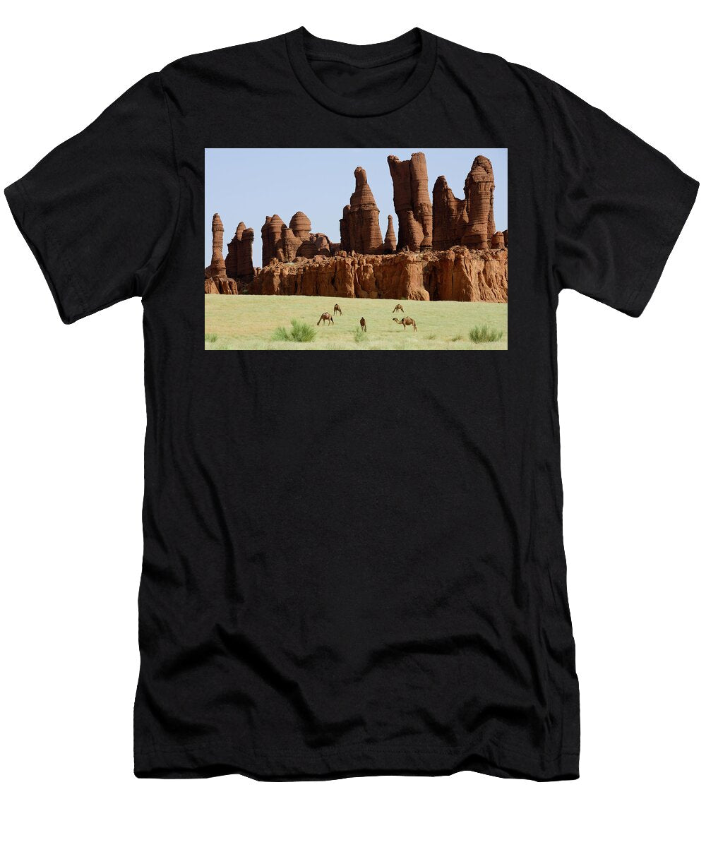 2 Eroded Sandstone Rock Formations with Dromedary Camels Enrique Lopez Tapia Natureplcom T-Shirt